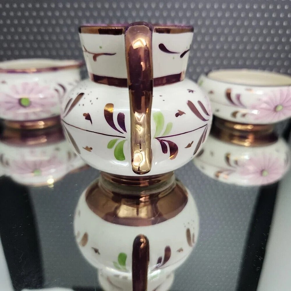OLS1 by Old Castle Lusterware Creamer and Sugar Set, Purple and Pink, England - Picture 4 of 12